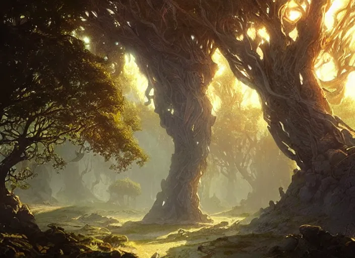Prompt: The Mana Tree, a fantasy digital painting by Greg Rutkowski and James Gurney, trending on Artstation, highly detailed