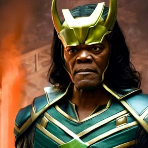 Image similar to film still of Samuel L Jackson as Loki, wearing Loki Helmet, wielding a powerful magical staff, in new Avengers film