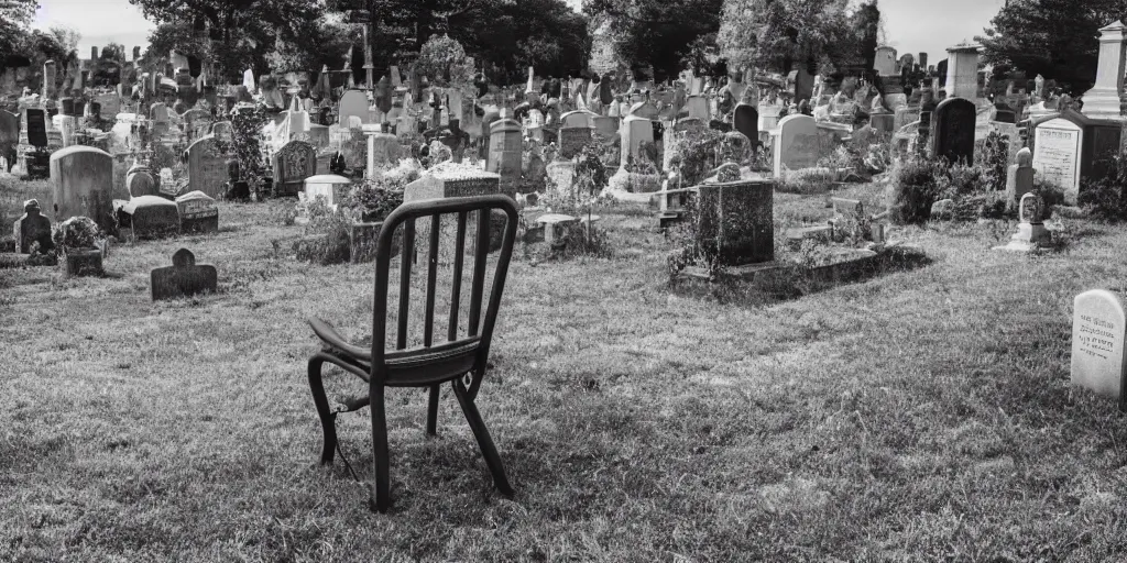 Prompt: a photo of a massive chair in a cemetery