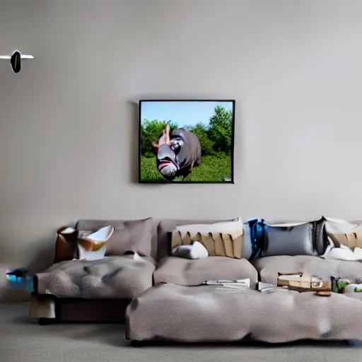 Image similar to a baby hippo lives in a cozy house. it likes to watch tv in the family room. digital art. 3 d render, photorealistic, hyper realistic, ue 5, octane.