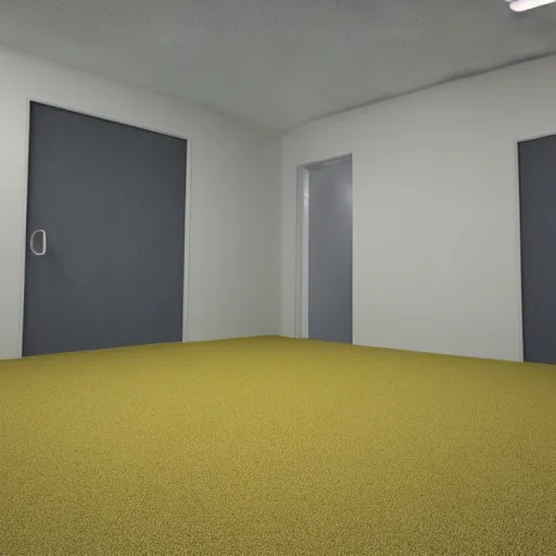 Image similar to 3 d render of jerma 9 8 5, jerma in a liminal space, non - euclidean space, endless halls of an office space, worn mono - yellow 7 0 s wallpaper, old moist carpet, inconsistently - placed fluorescent lighting, high octane, blender, 3 d render