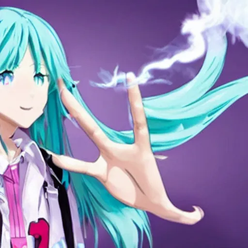 Image similar to hatsune miku smoking a vape pen in her right hand and holding up a peace sign in her left hand | smoke coming out of her mouth,