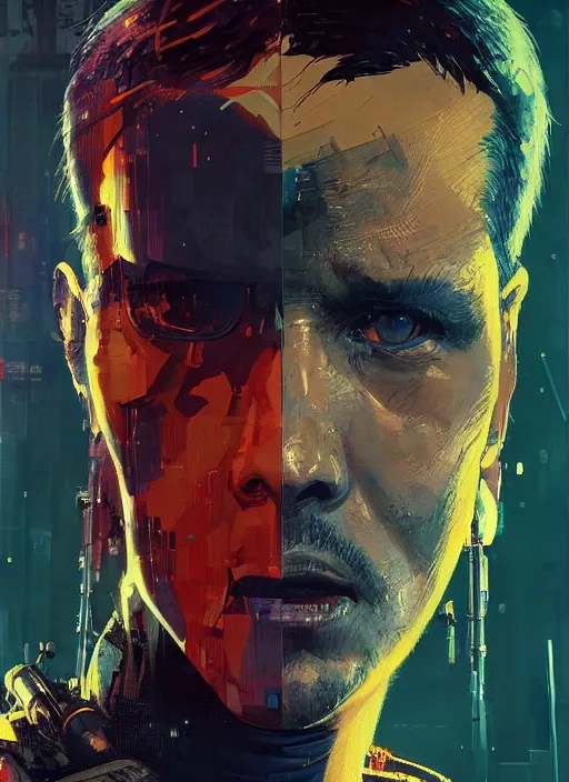 Image similar to cyberpunk military character jitters ( blade runner 2 0 4 9, dystopian, cyberpunk 2 0 7 7 character design ). attractive face. portrait by james gurney and laurie greasley and yoji shinkawa, oil on canvas. cinematic composition, hyper realism, realistic proportions, anatomy, dramatic lighting, photorealistic, high detail, 4 k