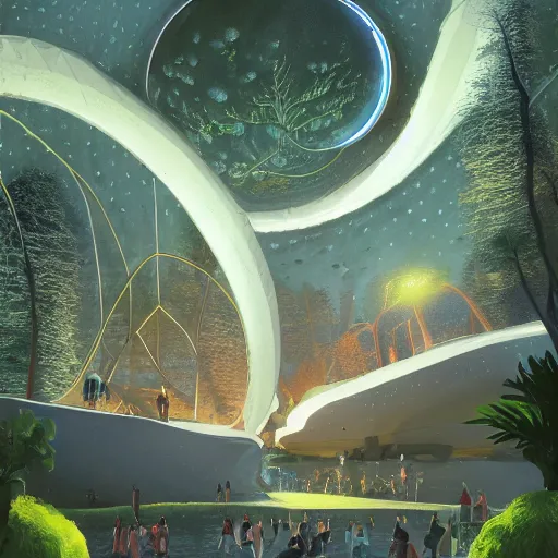 Prompt: detailed science-fiction art on artstation, Luma gardens, Schelling Party, sunlight through trees at dusk, light-show, people at a cosmic party, music, vibrant, futuristic+utopian architecture