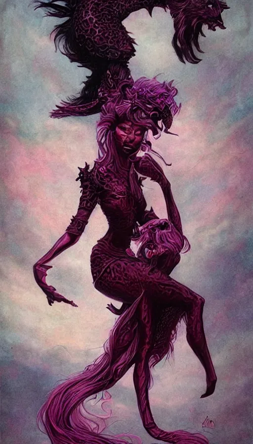 Image similar to portrait of princess of the dreamlands and moon beast, beautiful! coherent! by brom, deep colors, red maroon purple pink black, strong lines, rule of thirds