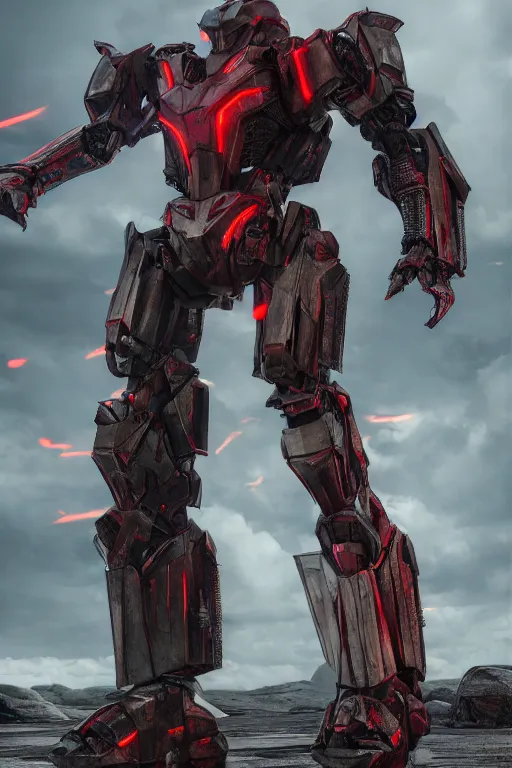 Image similar to hyper detailed cinematic rendering with volumetric lightning and ray tracing, azure crimson skinny full body armored core, weathering armor plating, endoekeleton exposure, 8 k, octane render, unreal engine, ray tracing