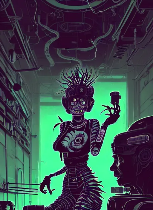 Prompt: highly detailed portrait of an angry wasteland punk long dripping green poison hair tribal lady, stray wiring by atey ghailan, james gilleard, by joe fenton, by greg rutkowski, by greg tocchini, by kaethe butcher, 4 k resolution, gradient purple, brown black and white color scheme!!! ( ( green flaming robotic sewer background ) )