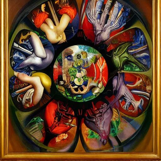 Prompt: an oil painting by arcimboldo, by georgia o keeffe, by botticelli, by giger, by frank frazetta seen through a kaleidoscope, kaleidoscope, broken, nerve system, medical