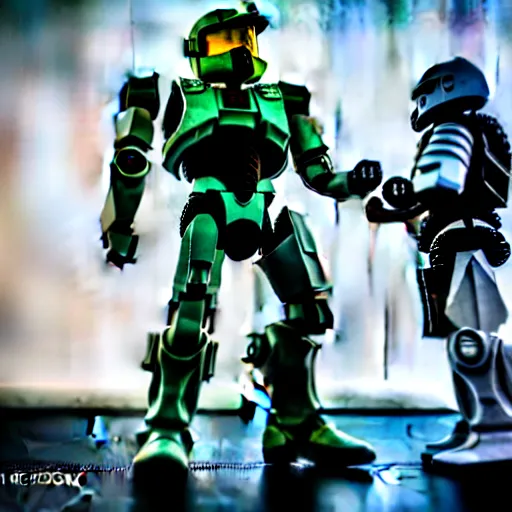 Image similar to Master Chief and Robocop, love at first sight, sigma 85mm f/1.4, 4k, depth of field, high resolution, 4k, 8k, hd, full color