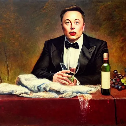 Image similar to Elon musk turns water into wine, oil on canvas, 1883