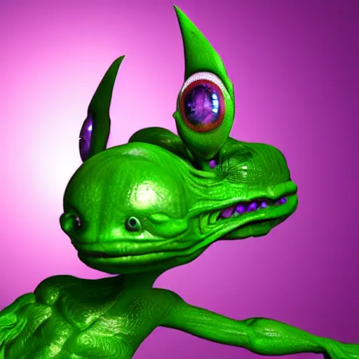 Image similar to cute furry purple and green alien with multiple big eyes photo realistic detailed 3d render