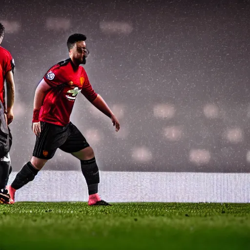 Image similar to morbidly obese men playing for man united, photorealistic, 4 k, dramatic, sharp focus