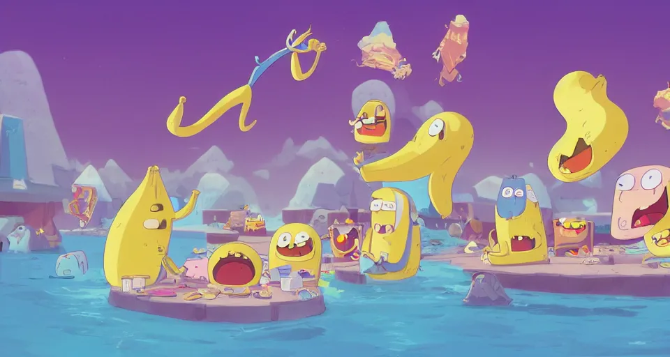 Prompt: cartoon bananas swimming in ice cream, in the style of adventure time, the amazing world of gumball, pixar, toki doki, greg rutkowski and makoto shinkai, trending on artstation