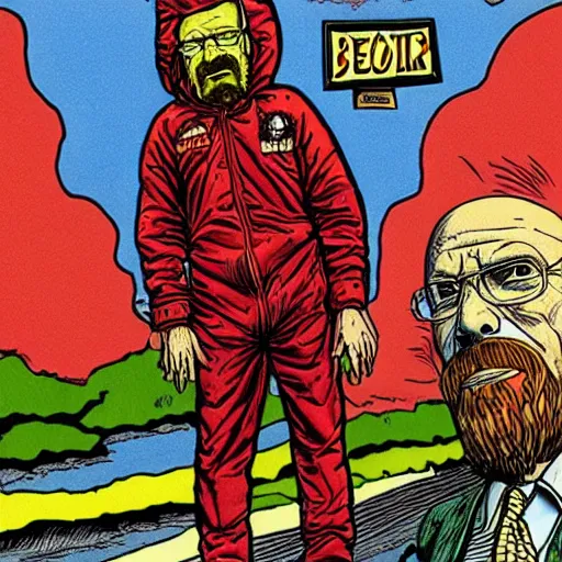 Image similar to The Artwork of R. Crumb and his Cheap Suit Breaking-Bad-Walter-White meth-lab, wearing a bio-hazard suit pencil and colored marker artwork, trailer-trash lifestyle