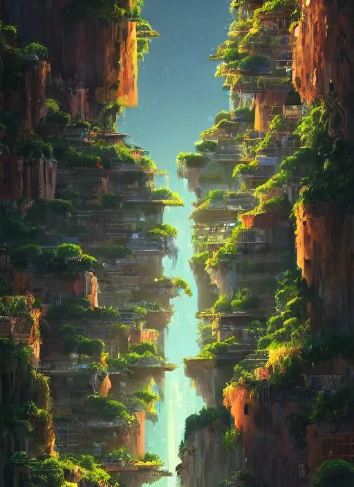 Prompt: city built on terraces in a gigantic canyon, lots of buildings connected by hanging bridges, waterfalls, glow coming from amber veins in the ground, lush vegetation, pitchblack sky, extremly detailed digital painting, in the style makoto shinkai and alena aenami, rim light, beautiful lighting, 8 k, stunning scene, raytracing, octane, trending on artstation