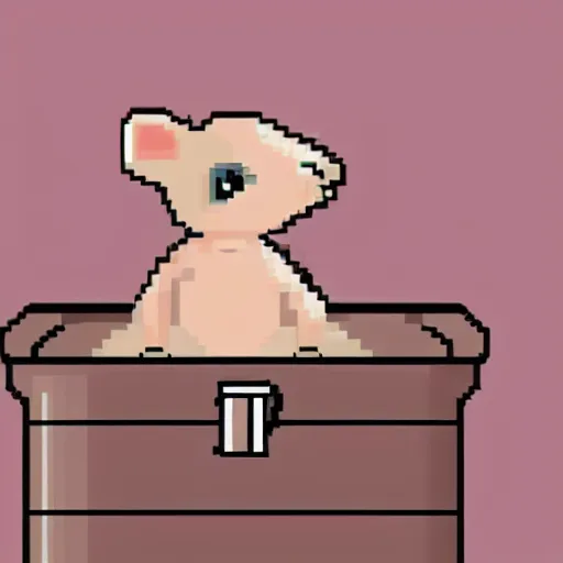 Image similar to a little cute rat with a lot blush is resting in front of a trash bin and smiles in beautiful pixel art