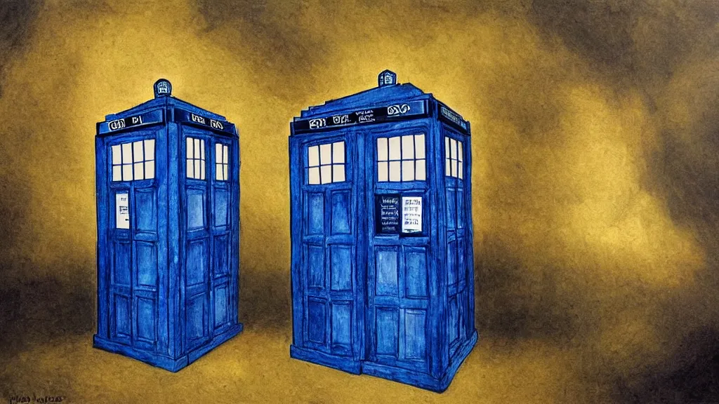 Prompt: an oil painting in the style of alan lee depicting the inside of the tardis