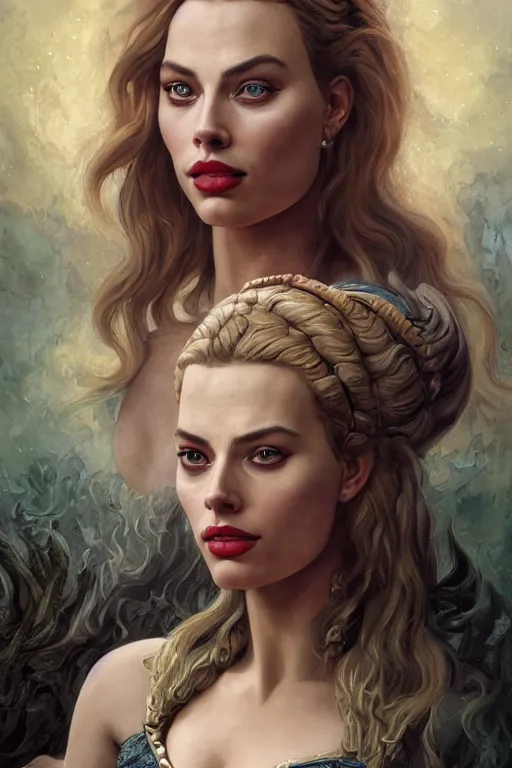 Image similar to A fantasy comic book style portrait painting of Margot Robbie, Scarlett Johansson, as an Atlantean Reptilian Warrior, Mystical Valkyrie, François Boucher, Oil Painting, unreal 5, DAZ, hyperrealistic, octane render, Regal, Refined, Detailed Digital Art, RPG portrait, William-Adolphe Bouguereau, Michael Cheval, Walt Disney (1937), Steampunk, dynamic lighting, Highly Detailed, Cinematic Lighting, Unreal Engine, 8k, HD