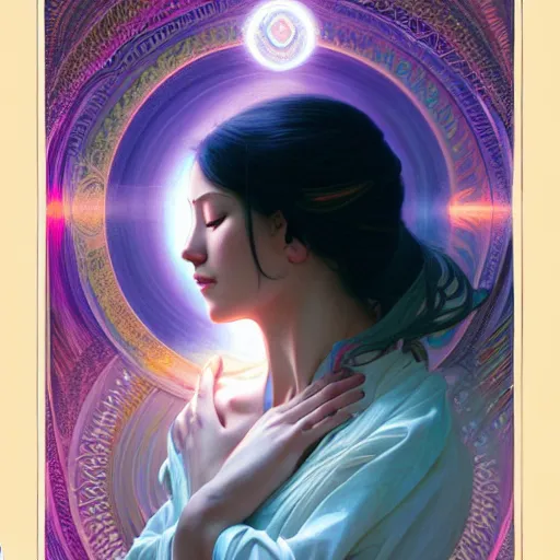 Image similar to a woman in deep meditation, chakras emiting mystical colored light, intricate, elegant, highly detailed, my rendition, digital painting, artstation, concept art, smooth, sharp focus, radiant light, illustration, art by artgerm and greg rutkowski and alphonse mucha