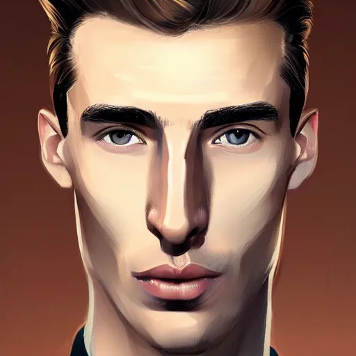 Image similar to tall man in his twenties with brown blond short quiff hair and thin slightly round facial structure with cleft chin, straight eyebrows and prominent nose, good definition of cheekbones, big hazel nut brown eyes, narrow face, slim body, atmospheric lighting, painted, intricate, 4 k, highly detailed by charlie bowater