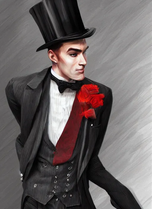 Image similar to a highly detailed illustration of stylish top hat wearing red haired attractive man, clean shaven, hyperdetailed face and eyes, wearing suit vest, nonchalantly leaning back pose, intricate, elegant, highly detailed, centered, digital painting, artstation, concept art, smooth, sharp focus, league of legends concept art, WLOP