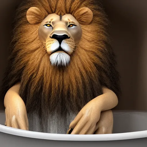 Image similar to lion, in a bathtub, singing, photorealistic, detailed fur, surgical lighting, rendered