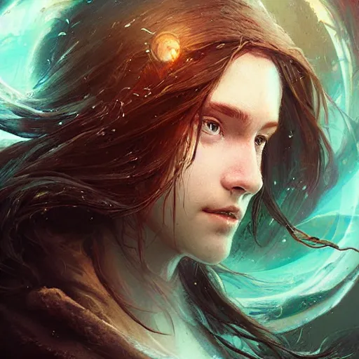 Prompt: portrait young woman with wavy brown hair with a scar across left eye is legendary, frostpunk, high detail, concept art, color, vivid color, floating particles, glowing green eyes, spiral smoke, background by john harris + andreas rocha, artwork by charlie bowater + artgerm + anato finnstark + ross tran