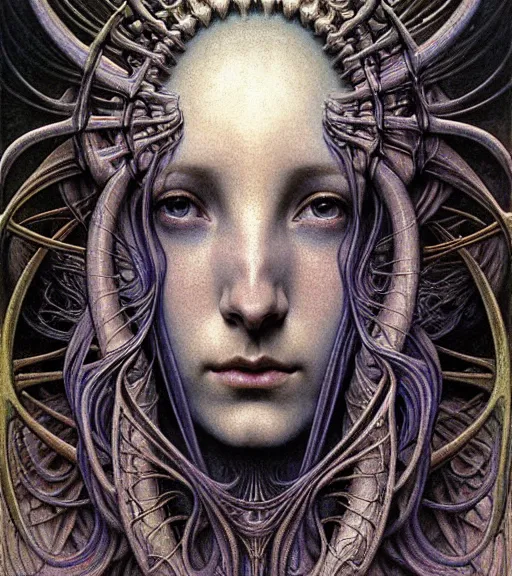 Image similar to detailed realistic beautiful young medieval alien queen face portrait by jean delville, gustave dore and marco mazzoni, art nouveau, symbolist, visionary, gothic, pre - raphaelite, iridescent fractal details. horizontal symmetry by zdzisław beksinski, iris van herpen, raymond swanland and alphonse mucha. highly detailed, hyper - real, beautiful