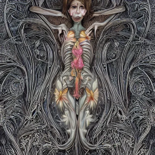 Prompt: a beautiful detailed photo of a full body rotten woman corpse morphing into fractal plants and fractal flowers and mushrooms, face muscles, veins, anatomical, intricate, ornate, volumetric light, beautiful lit, beetlejuice