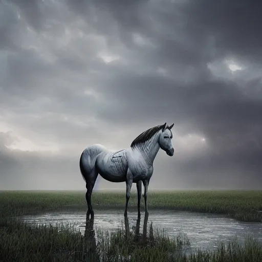 Prompt: resin painting, white horse buried neck deep in the mud of the swamp of sadness. Swampy, matte painting, dark, volumetric lighting, crepuscule, octane render