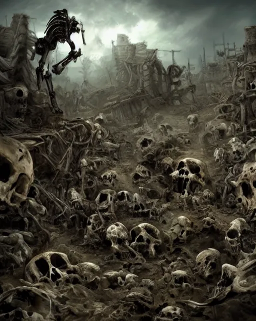 Image similar to an epic action concept masterpiece of a bone yard full of skeletons, inspired by sd ai. horrific digital art