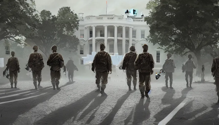 Image similar to white house with nazi flags and german soldiers walking around, hyperdetailed, artstation, cgsociety, 8 k