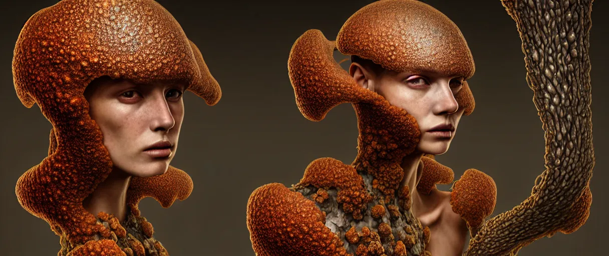 Image similar to hyperrealist highly detailed english medieval portrait of high fashion model wearing fungal fungus fungal growpth mycelia mycel mycelia funal spores spores mycel network armor, lopsided obscure body shape, radiating atomic neon corals, concept art pascal blanche dramatic studio lighting 8k wide angle shallow depth of field