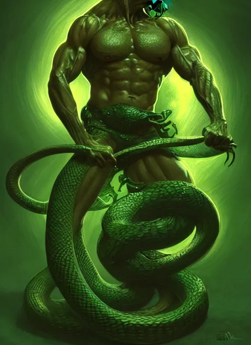 Image similar to portrait of aggressive snake humanoid, d & d, muscular!, green, fantasy, intricate, elegant, highly detailed, digital painting, artstation, concept art, smooth, sharp focus, illustration, art by artgerm and greg rutkowski and alphonse mucha