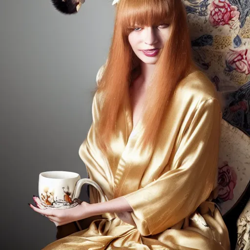 Prompt: a stunning hyper - detailed closeup portrait photo of a slender beautiful smiling woman with long blond hair and bangs, wearing a luxurious silk robe, wearing headphones and posing with her large ginger tabby cat and her raccoon and parrots in an easy chair in her sunlit victorian living room, holding a porcelain coffee mug and a donut, perfect eyes, fashion photo, octane render, unreal engine