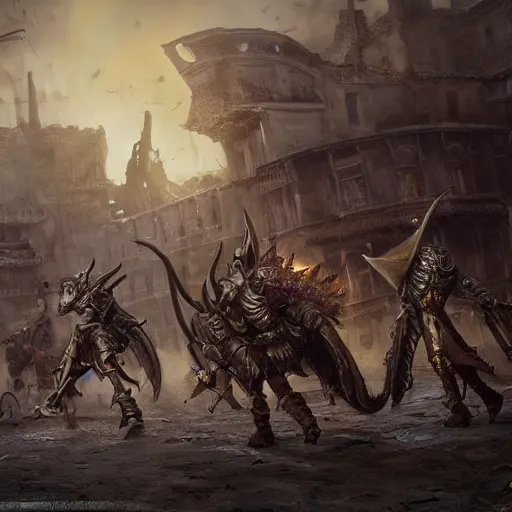 Prompt: warriors on wyverns with steampunk armor flying in a street, warm lighting, destroyed OulanBator, sand, postapocalyptic, photorealism 8k , high details, neat