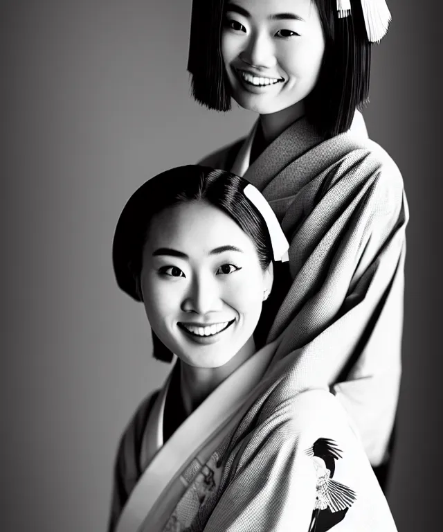 Prompt: a modern black and white film photograph shot on kodak 4 0 0 tx, portrait of one!! very beautiful and young japanese woman subtly smiling, she is wearing a traditional kimono with a very ornate pattern of cranes, her hair is tied above her head, the scene is shot on a canon 8 5 mm f / 1. 4 in a studio setting with dramatic and cinematic lighting