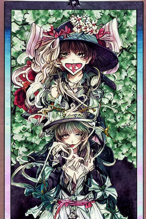 Prompt: marisa kirisame, touhou project, official artwork, intricate, amazing line work, colorful, tarot cards, the devil tarot card
