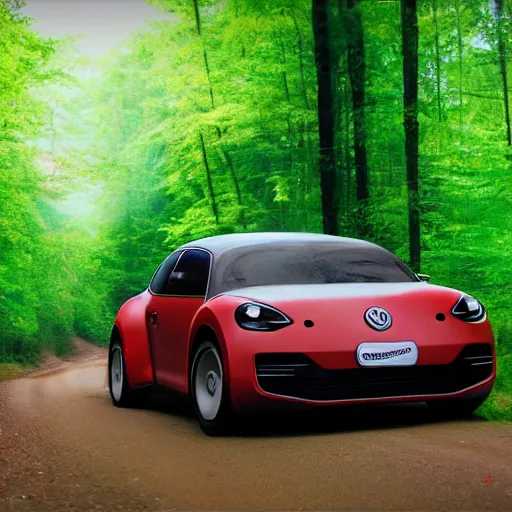 Prompt: promotional scifi - blockbuster movie scene of a ladybug volkswagen hybrid, flying down a dusty backroad in smokey mountains tennessee. the hybrid is 2 / 3 ladybug. cinematic, muted dramtic color, 4 k, imax, 7 0 mm, hdr