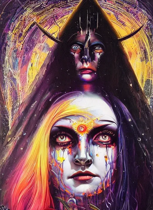 Image similar to enlightened cult psychic woman, symmetrical painted face, third eye, energetic consciousness psychedelic scene, epic surrealism expressionism symbolism, story telling, iconic, dark robed, oil painting, dark myth mythos, by Sandra Chevrier , Bruce Pennington, masterpiece