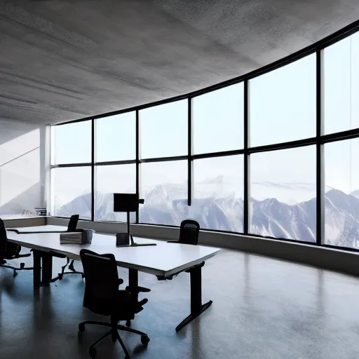 Prompt: large office on top of mountain, modern, well kept, bright, ethereal feel, volumetric lighting, godrays, warm light, high ceiling, table in the middle, office chair, couch, grand, curved windows around the wall, white concrete, plangs in wall, balcony outside, digital art, concept art, high detail,