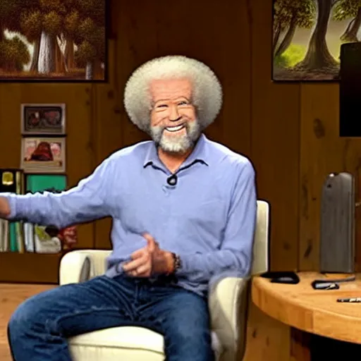 Image similar to interviewing bob ross inside of the hollow earth