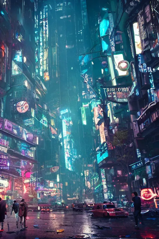 Prompt: cinematic photo of ancient overgrown cyberpunk new york city with cars and people, holograms, night, rain, flowers, beautifully lit, hyperdetailed, unreal engine, photorealistic, denis villeneuve film look, blade runner set