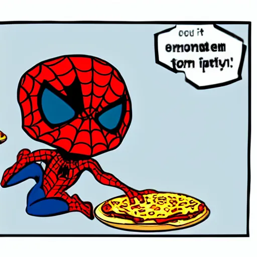 Image similar to a cartoony cute chibi spiderman eating pizza