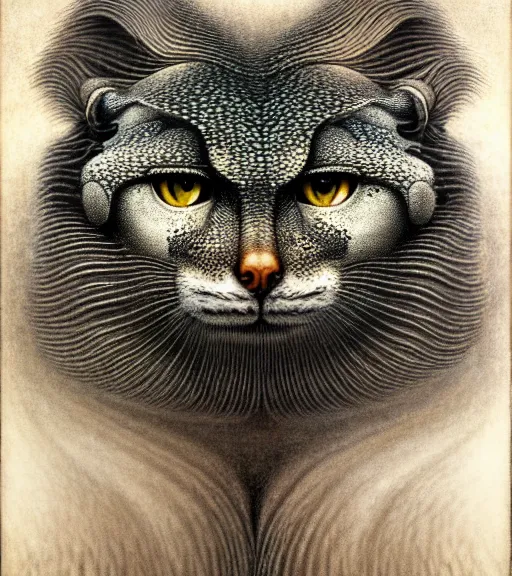 Image similar to detailed realistic beautiful manul face portrait by jean delville, gustave dore, iris van herpen and marco mazzoni, art forms of nature by ernst haeckel, art nouveau, symbolist, visionary, gothic, neo - gothic, pre - raphaelite, fractal lace, intricate alien botanicals, ai biodiversity, surreality, hyperdetailed ultrasharp octane render