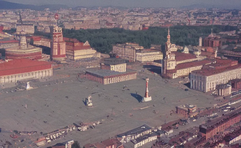 Image similar to high quality 2000s historic footage of soviet square with one lenin statue with stanilist style giant walls , color aerial photo drone, Cinestill 800t, heavy grainy picture, very detailed, high quality, 4k panoramic