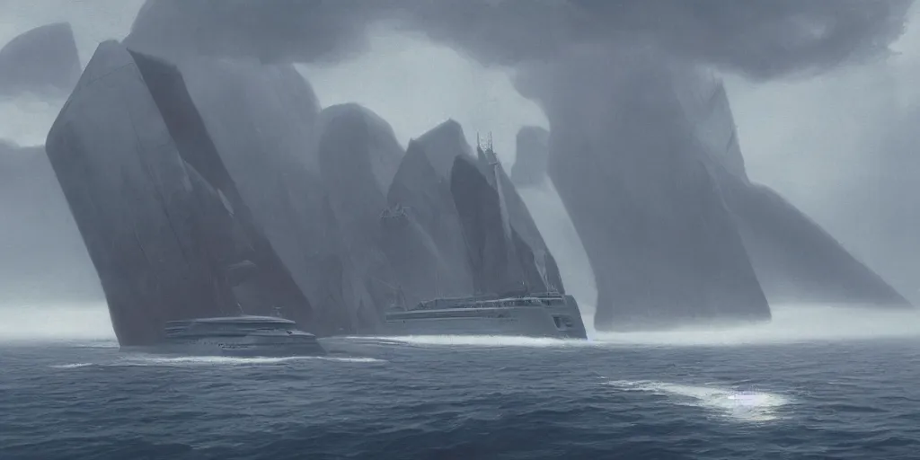 Prompt: close up of a huge ferry sailing in the sea with a vertical island in the far back, misty morning, ralph maquarrie and syd mead cinematic matte painting, 4 k