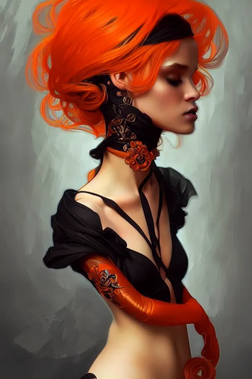 Image similar to orange black, dark fantasy, intricate, elegant, highly detailed, digital painting, artstation, concept art, matte, sharp focus, illustration, art by artgerm and alphonse mucha