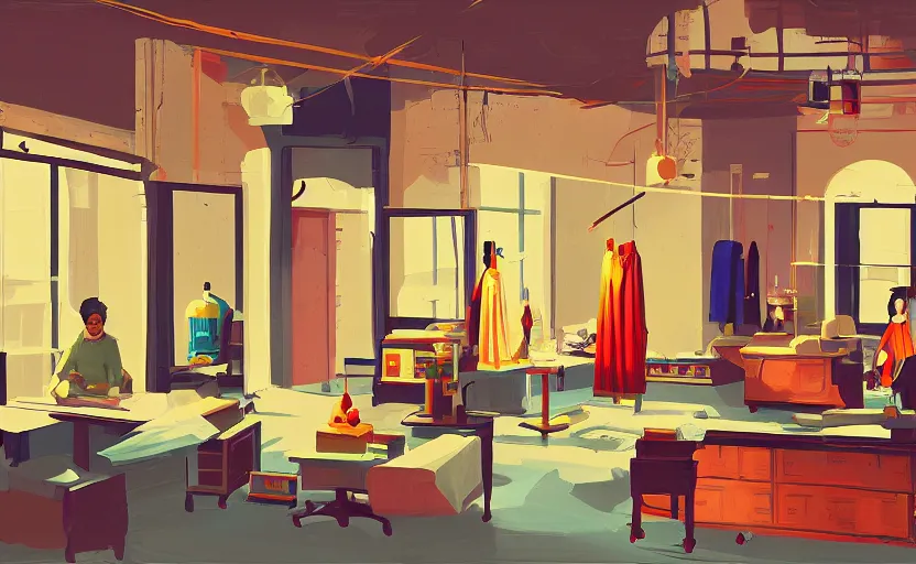 Prompt: interior of an indian tailor shop, james gilleard, print, game art