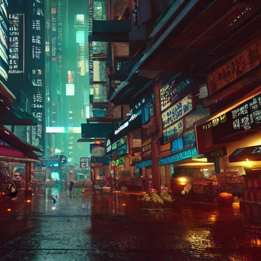 Image similar to market place in a cyberpunk city, nighttime, raining, intricate artwork by Tooth Wu and wlop and beeple, octane render, hyper realism, 8k